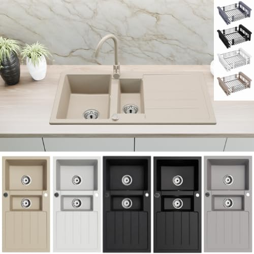 Faizee Home | Granitspüle 100x50 cm Beige – Beidseitig montierbar & kratzfest | Inkl. Spülkorb & Siphon-Set | Hochwertige Küchenspüle aus Granit für modernes Küchendesign