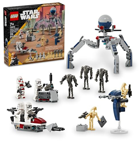 LEGO Star Wars Clone Trooper & Battle Droid Battle Pack Set für Kinder, baubares Spielzeug Speeder Bike Fahrzeug, Tri-Droid und Defensive Post, Sammlerstück, Geschenk für Jungen und Mädchen ab 7