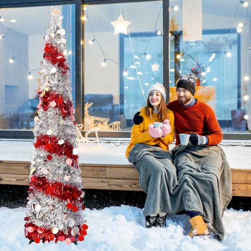 Albero di Natale Pop-Up, 150m Artificiale Orpello Sequin Matita Di Natale Alberi, Albero di Natale Artificiale Pieghevole Con Paillettes luccicanti per La Festa Natale Decorazioni (Argento)