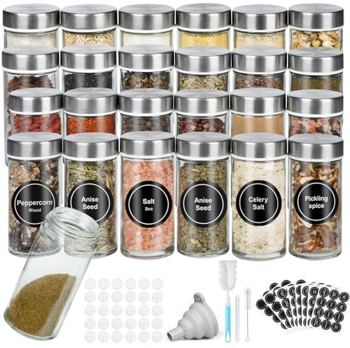 FRIBERG Gewürzgläser Rund aus Glas(24 x 100ml) mit Edelstahldeckeln,Gewürzstreuer Spice Jars Gewürzbehälter mit Trichter, Leeren Aufklebern, Reinigungsbürste, Sieben