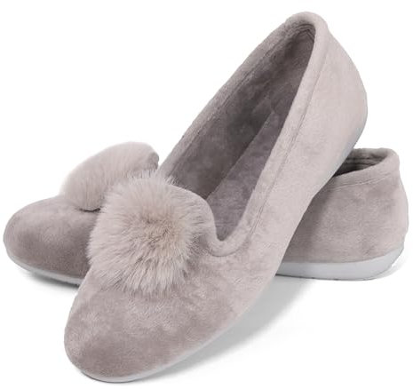 JOMIX Scarpe Ballerine Donna Invernali Ciabatte Ragazze in Velluto Rasato Pantofole Chiuse Eleganti Leggere Pelose Morbide Calde da Casa con Pompom ES2027-11 (Argento, 37)