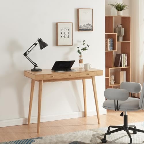 [en.casa] Schreibtisch Hässleholm Bürotisch Arbeitstisch für Homeoffice oder Arbeitszimmer mit 3 Schubladen umweltfreundlicher Computertisch Bambus 100x50x75cm Natur