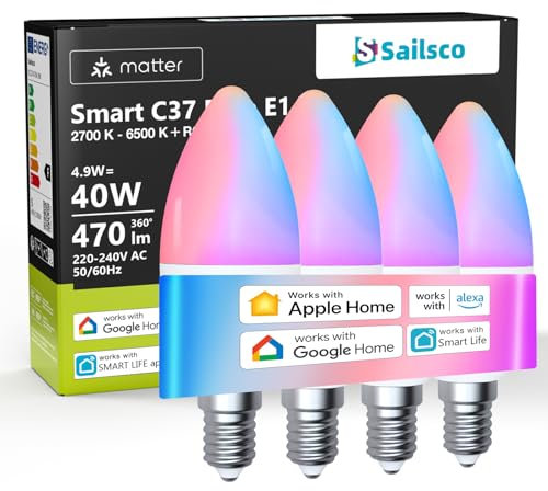 sailsco Matter Alexa Glühbirne Smart Lampe E14,WiFi LED Lampe Kompatibel mit Alexa/Google Home,Kontrolle durch Smart Life APP,Dimmbar Warmweiß-Kaltweiß und Mehrfarbige Birne,C37 4.9W 470LM,4 Stück