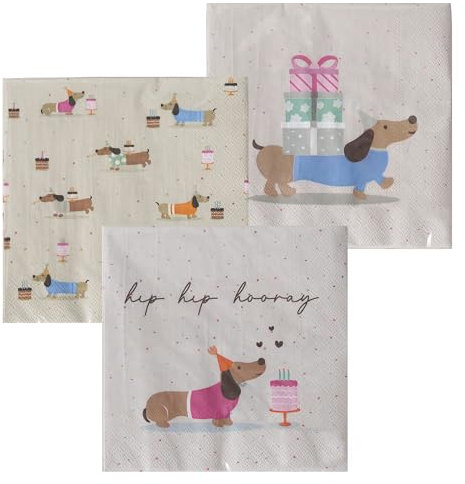 Geburtstagsservietten mit Dackel-Hotdog-Motiv, 3 Packungen mit je 20 Stück, 3-lagiges Papier, Standardgröße, 17 x 17 cm, mehrfarbig