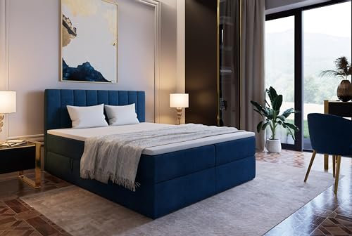 Marlux-Meble Boxspringbett 180x200 mit Bettkasten und Bett Kopfteil für Schlafzimmer - Bett mit Matratze und Visco-Topper (Palermo II, Marine)