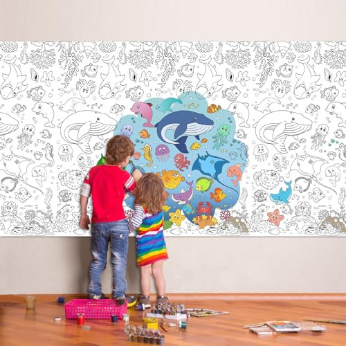 PHOGARY Papier-Tischdecke zum Ausmalen, Poster zum Ausmalen, Maltischdecke für Kinder, Ausmalbilder Meerestiere, Ozean Thema Geburtstagsdekoration, Kreative Kinderbeschäftigung, Mal Mich Bunt