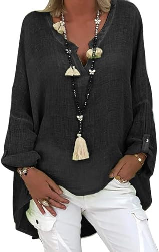 Tincini Leinenbluse Damen Bluse Sommer Tunika V-Ausschnitt Longbluse Große Größen Leinenhemd Blusenshirt Langarmshirt Leinen Baumwolle Hemd Oberteile Shirt (A Schwarz2, M)