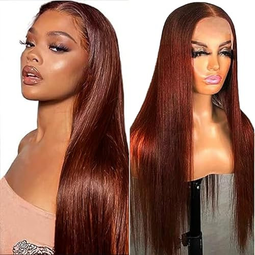 Hxxcoup Straight Human Hair Wig Reddish 4x1 Lace Front Echthaar Perücke Rotbraun Perücke Damen Welliges Haar Braun Farbe Lange Human Hair for Black Woman 20 Zoll
