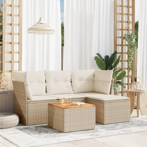 ULUYYUC 5-TLG. Garten-Sofagarnitur, Polsterbank Gästebett Schlafsofa Gartenmöbel Set Geeignet für Garten Hinterhof Außenbereich Balkon mit Kissen Beige Poly Rattan