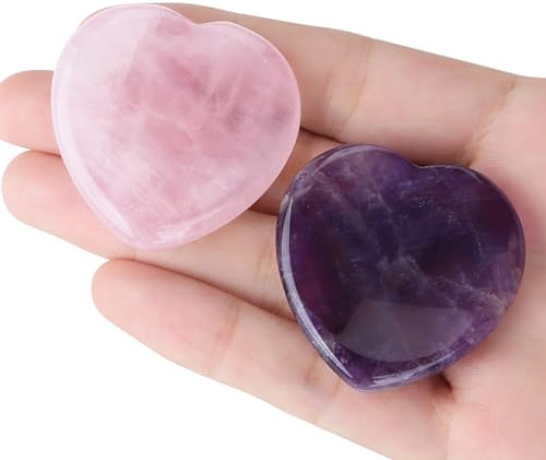 YATOJUZI Juego de 2 piedras de preocupación para el pulgar para curar la ansiedad, amatista, cuarzo rosa, corazón, piedras preciosas de bolsillo, piedras de cristal natural talladas a mano, piedra de