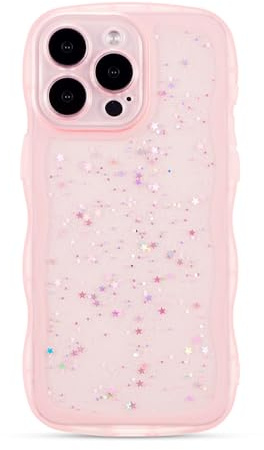 ZTOFERA Sparkly Glitter Wavy Case for iPhone 14 Pro Max (6.7), Pink | Curly Wave Frame Shape, Bling Sparkle Star, Clear Soft TPU Back Cover, Lightweight, Shockproof Protective Bumper Cover
