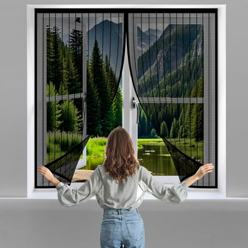 Moustiquaire Fenetre 78 x 90 cm Filet Anti-Moustiques Détachables Porte Anti Mouche Aimant avec Crochet et Ruban de Montage pour Portes et Fenêtres, Noir