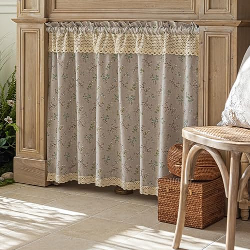 LNGFSH Scheibengardinen Küche Halb Gardinen Baumwolle Leinen Blumen Blickdicht Beige Landhausstil Vorhänge für Wohnwagen Schlaufenvorhang Badezimmer Fenster (BxH 150x65 cm)