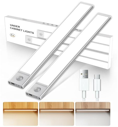 Trayvespace Unterbauleuchte Küche LED, 40CM Schranklicht mit Bewegungsmelder, 3 Arbeitsmodus & 3 Farbmodi Schrankbeleuchtung, 1500mAh Wiederaufladbar LED Unterbauleuchte für Küche(2 Stück)