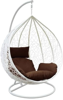 Rattan Swing Egg Chair | Holywarm Garden Swing Chair with Cushion | Indoor Outdoor Hanging Chair with Stand | Hammock Egg Chairs for Garden Bedroom Balcony (White Egg Chair + Brown Cushion)