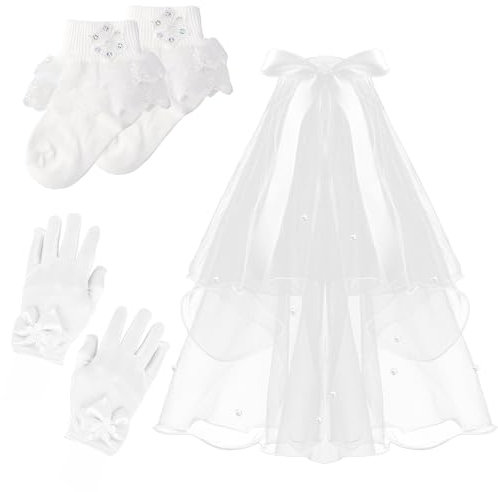 Blumenmädchen handschuhe, Mädchen weiße Satinschleife handschuhe Spitzensocken Dekorativer Schleier Set, Prinzessin Dress-Up Handschuhe für Kommunionen Maskeraden Rollenspiele Aufführungsabende