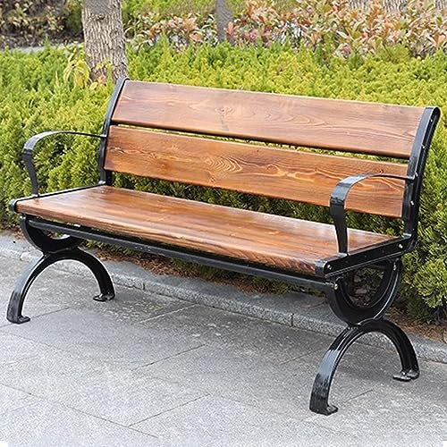Bank, Gartenbank mit Metallbeinen, rustikale Esszimmerbank aus Beton in Holzoptik, für den Innen- und Außenbereich, für Terrasse, Park, Veranda und Rasen, Natur und Schwarz (Größe: 120 cm)