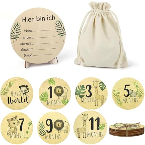 BCHKO Meilensteinkarten Baby Holz 7 Meilensteine Natürliches Lindenholz zur Erinnerung als Geschenk zur Geburt Babyparty für Schwangere werdende Mütter & Eltern (Farbige Tierchen)