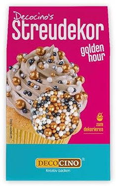 DECOCINO Streudekor Golden Hour 40g - Tolle Streusel in den Farben schwarz, gold und weiß, Ideal für Torten, Muffins oder Kuchen, perfekt für jede Party oder einfach mal so