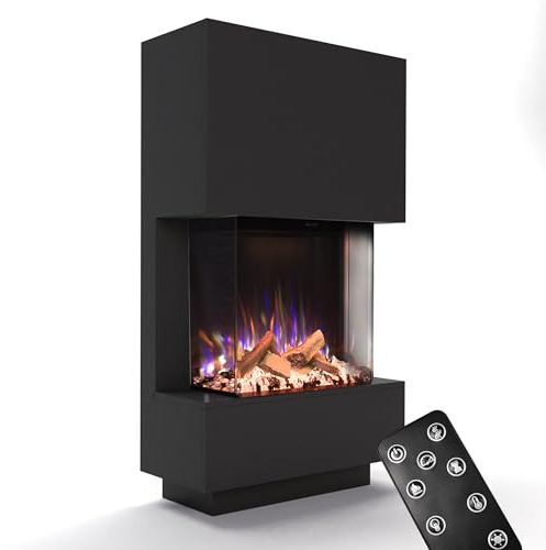 GLOW FIRE Kaminofen PR14 mit realistischem 3D E-Motion LED-Feuer - Stand-Elektrokamin mit Heizung und Kaminfeuer, Knistereffekt & Timer, max. 1500 W, 85x150x39,8cm, Schwarz