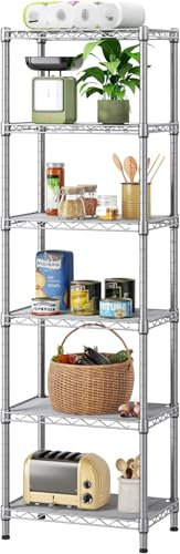 SINGAYE 6 Tier Shelf Wire Shelving Adjustable Storage Shelves Rack Standing Units for Kitchen Closet Laundry Bathroom Organizers Metal Pantry Narrow Mesh Gaps 10 D x 16 W x 60 H Gray
