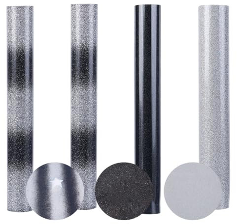 CRASPIRE 4Pcs Glitter Heat Transfer Vinyl Sheets 12 x 9.8 Inch Black HTV Roll Rectangle PET Shimmer Sparkly Iron on Vinyl Sheet Bundle for T Shirts Hats Clothing Design Holiday DIY Making Crafts