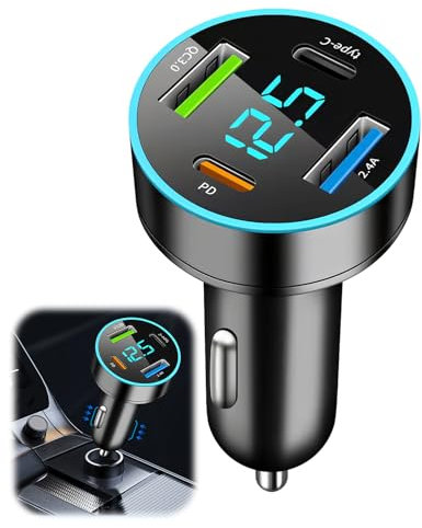 Cargador para encendedor de cigarrillos USB rápido de coche de 53 W con 4 puertos (PD&QC 3.0) Adaptador de encendedor universal para coches/SUV/camiones, cargador compacto con pantalla LED de voltaje