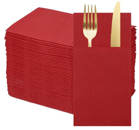 sourcing map 100 Pcs Disposable Linen Feel Napkins with Built-in Flatware Pockets, Paper Dinner Napkins for Knife and Forks, Hand Towels for Wedding Party Dark Red