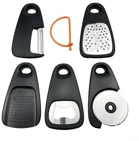 Essential 5 Piece Kitchen Gadget Set Includes Grater, Peeler, and Pizza Cutter for Easy Cooking (Black)