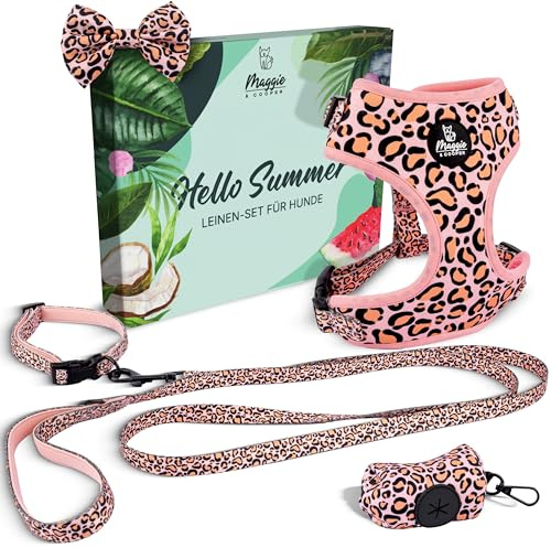 MAGGIE & COOPER Leinen-Set für Hunde – atmungsaktives Air-Mesh Brustgeschirr, Halsband, Leine, Schleife, Kotbeutelspender – weich gepolstert – leicht & verstellbar – Leopard (XS)