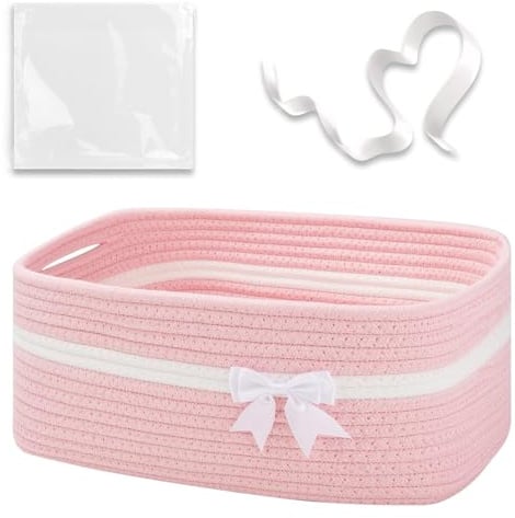 Aufbewahrungskorb Geflochten Rosa, Stoffkorb mit Griffen, Woven Storage Basket, Spielzeugkorb Kinderzimmer, Geschenkkorb Leer Präsentkorb, Körbe Aufbewahrung für Bad Wohnzimmer Deko 34x15x25cm