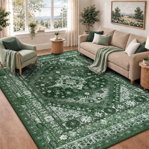Capslpad Vintage Teppich Wohnzimmer 120x180cm Grün Waschbar | Kurzflor Boho,Retro Teppich,Weich Rutschfest,Großer Teppich,für Wohnzimmer,Esszimmer,Schlafzimmer,Büro,Teppiche