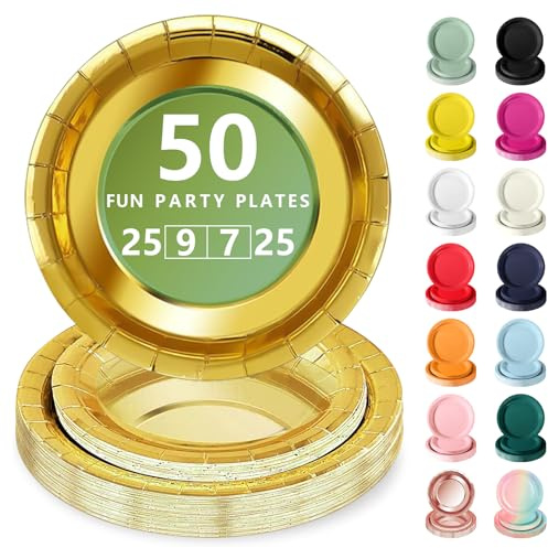 Nkaiso 50 Stück Gold Einweg Pappteller | Partygeschirr Set Mit 23cm Party Teller, 18cm Dessertteller, Elegantes Einweggeschirr für Jubiläums, Hochzeiten, Geburtstag