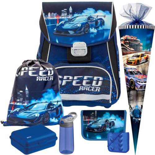 Pridera Oxybag Speed Racer Auto Premium One Schulranzen-Set mit Brotdose, Trinkflasche, Brustbeutel (7tlg. mit Schultüte H)