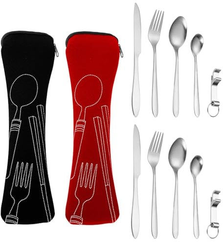 Travel Cutlery, 2 Sets Stainless Steel Cutlery Set with Portable Pouch Case | Reusable Flatware Utensils with Spoon, Knife, Fork, Bottle Opener for Travel, School, Office, Camping