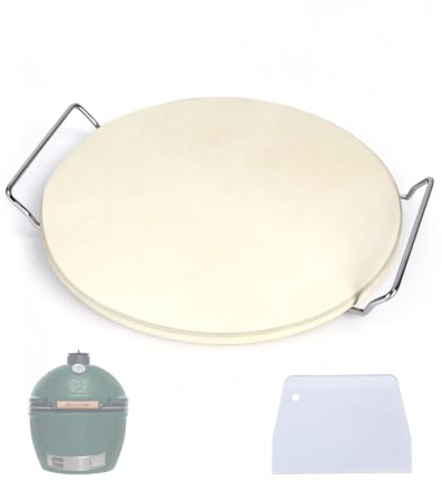 BBQ Future 16 inch Pizza Baking Stone for Big Green Egg XLarge & Kamado Grill – Ceramic Pizza Stone with Stainless Steel Wire Frame & Plastic Scraper, Heavy Duty Heat Deflector for Outdoor Cooking
