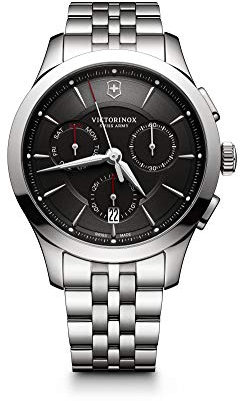 Victorinox Herren Armbanduhr Alliance Chronograph Ø 44mm, Swiss Made, Analog Quarz, Wasserdicht bis 100m, 3-Fach Saphirglas, Edelstahl Armband, Schwarz/Silber, 241745