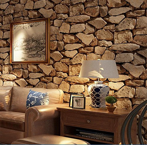 H&M 3D Stone, Stereo Imitation Texture Wallpaper PVC Retro Decoration Bedroom TV Wall Living Room Wallpaper -53 cm (W) * 10 m(L), Dark Brown