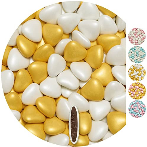 EinsSein 1kg Schokoherzen Dragees Mix medium weiss-gold pearl Gastgeschenke Hochzeit, Taufe, Kommunion, Kindergeburtstag | Schokodragees, Dragees in Herzform bzw. Schokolinsen als Ersatz für