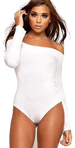 Red Olives® Womens Ladies Off Shoulder Bardot Full Sleeves Ladies Stretchy Bodysuit Leotard Top UK 8-22 (8-10, White)