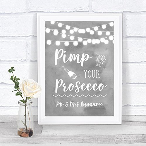 Grey Watercolour Lights Pimp Your Prosecco Personalised Wedding Sign Print