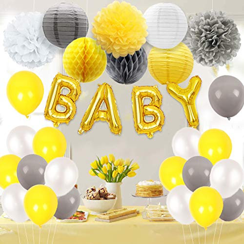 JOYMEMO Baby Shower Dekorationen gelb und grau mit Buchstaben Folienballons, Garland und Seidenpapier Dekorationen