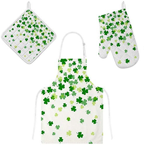 MyDaily - Set di grembiule, guanti da forno e presina, con trifoglio verde regolabile, con tasche, guanto da forno e presina, set regalo da cucina