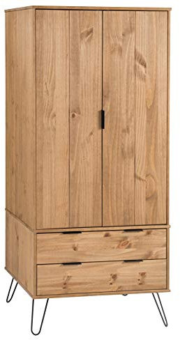 Home Source Acadia Wadrobe Cabinet Industrial Wooden 2 Door 2 Drawer Organiser Shelf Hanging Rail Bedroom Storage, Pine