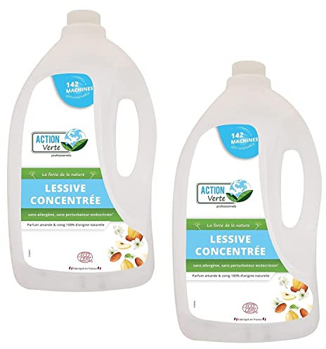 ACTION VERTE Lot de 2 bidons 5 l lessive liquide concentrée 142 lavages Ecocert amande et coing