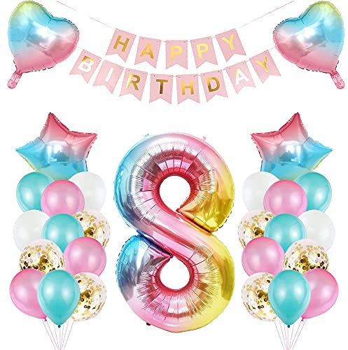 TOPHOPE Luftballon 8. Geburtstag Rosa Folienballon Luftballon Zahlen Geburtstagsdeko Mädchen 8 Jahr Riesen Folienballon Zahl 8 Ballon 8 Deko zum Geburtstag Rosa Happy Birthday Banner