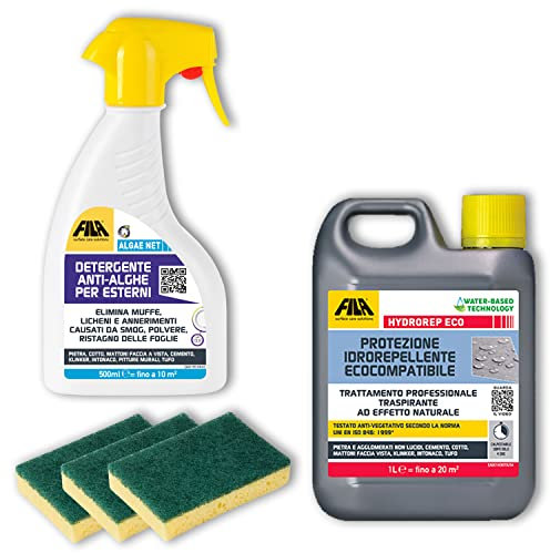 Algaenet 500ml + Hydrorep Eco 1lt + Spugne Abrasive per rimuovere Muschi e Licheni da Mattonelle in Cotto Klinker Muretti in Cemento Fughe Intonaco Pietre Naturali Mattoni
