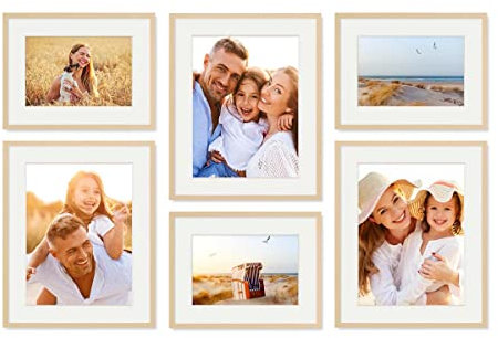 PHOTOLINI Bilderrahmen Set verschiedene Größen, 6 Natur MDF Holz Bilderrahmen mit Passepartout, Bilder Rahmen mit Acrylglas, No.9 Bilderrahmenset zum Aufhängen, Fotowand Fotorahmen Set & Zubehör