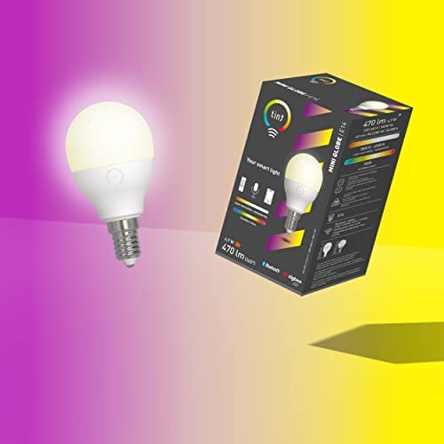 tint Smarte Mini-Globe LED-Birne E14 – Steuerbar per Bluetooth, Alexa, Fernbedienung oder App – Dimmbare E27 Glühbirne mit weißem und farbigem Licht RGB, 4,9 W