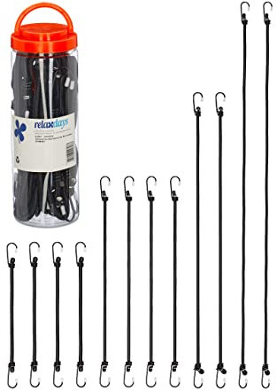 Relaxdays Spanngummi mit Haken, 12er Set, Fahrrad Gummispanner Gepäckträger, 4 Größen, Universal Gepäckspanner, schwarz